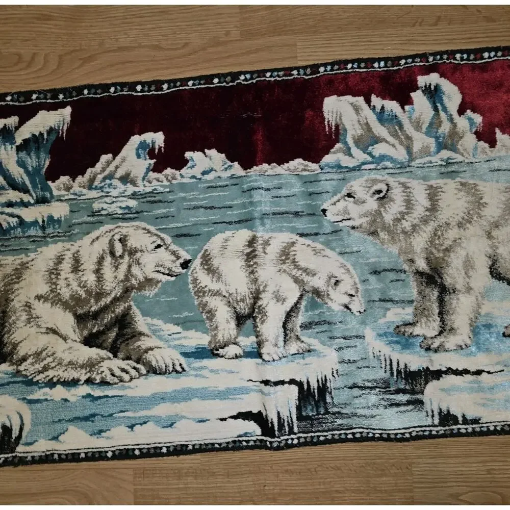 Vintage 70s Polar Bear Tapestry Rug Wall Hanging Velour Velvet 20x38 Retro